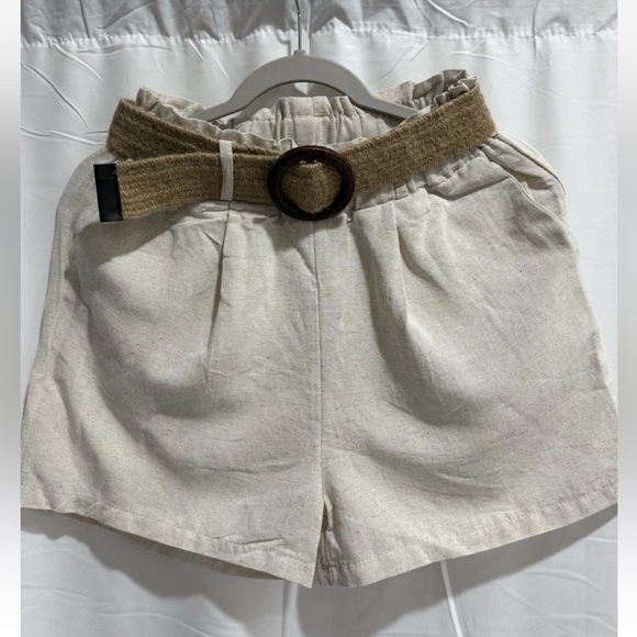 Fast Perry Pants - Fast Perry Beige High-Waisted Shorts with Braided Belt – Size XL, Made in Turkey